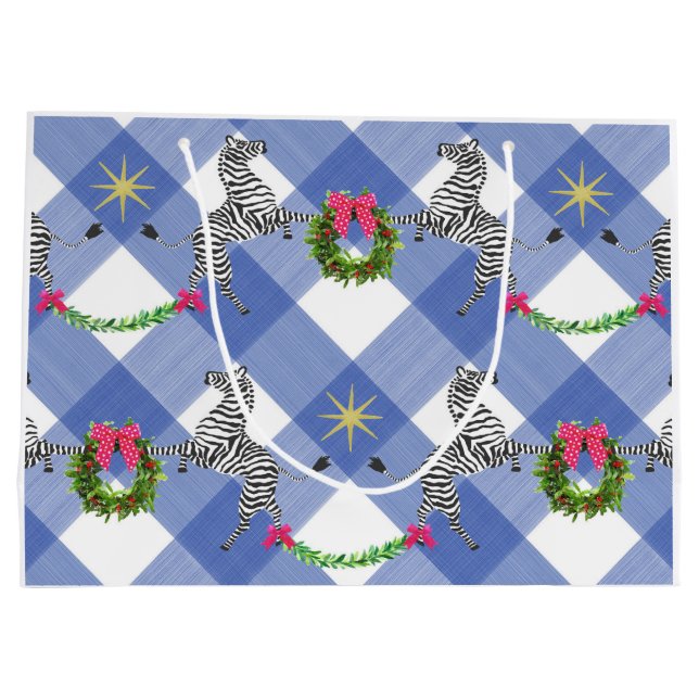 Holiday Zebras Blue Kariert Große Geschenktüte (Rückseite)