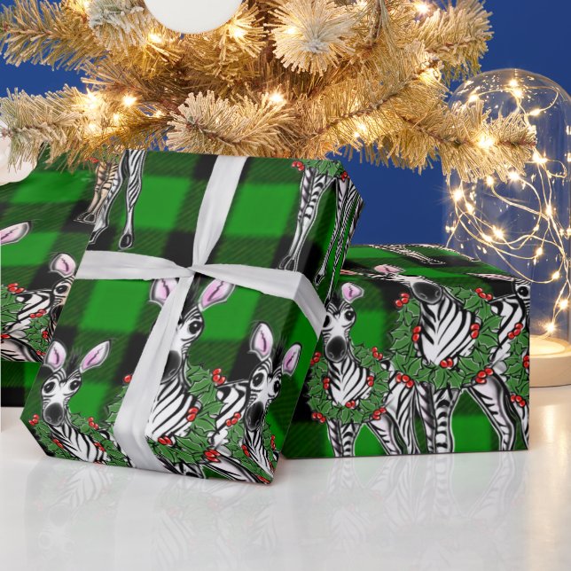 Holiday Zebras , Weihnachtskranz, grün kariert Geschenkpapier (Feiertage)