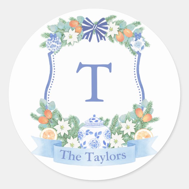 Holidays Blue and White Citrus Wappen Umschlag Auf Runder Aufkleber (Vorderseite)