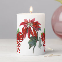 Holidays Poinsettias and Curly Bows Pillar Candle