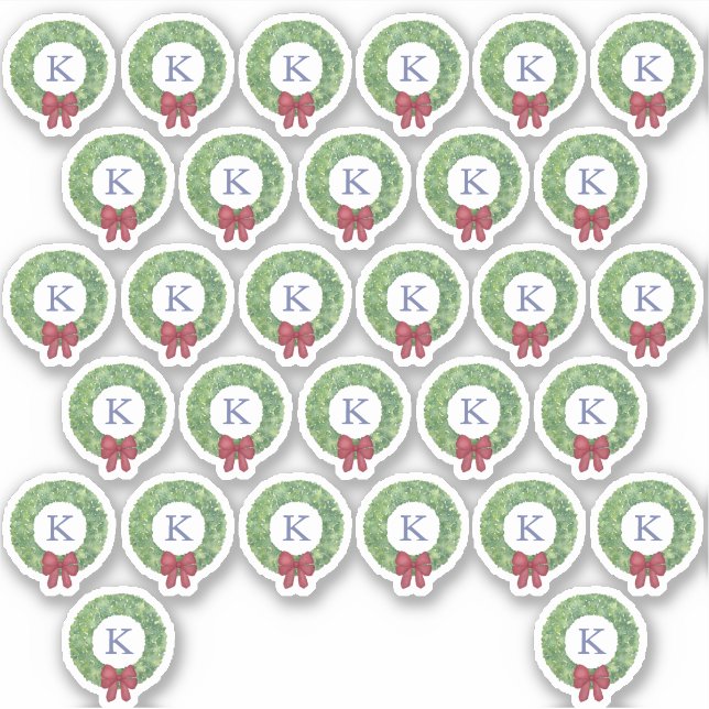 Holidays Wreath Red Bow Monogram Umschlag Aufklebe Aufkleber (Vorderseite)