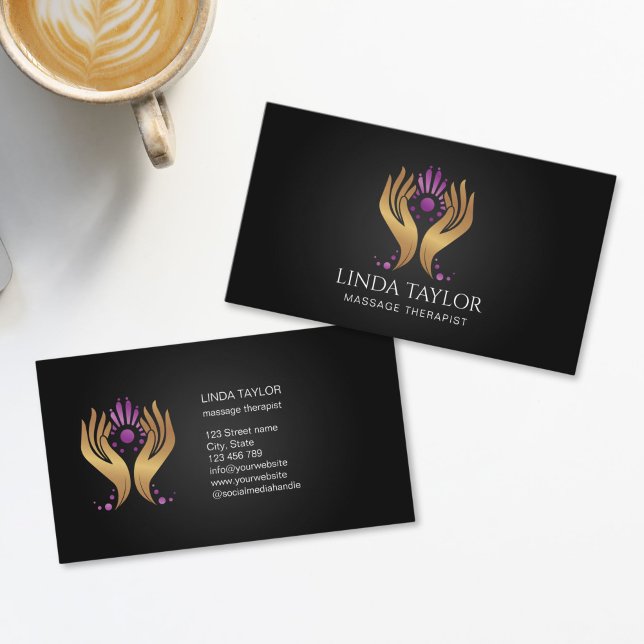 Holistic Massage Hands Therapy Healer Energy Visitenkarte (HEALING HANDS, GOLD AND PURPLE ON THE BLACK BACKGROUND MASSAGE THERAPIST LOGO BUSINESS CARDS)