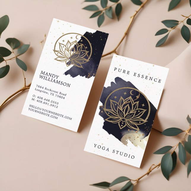 Holistischer Himmelsmond & Lotus Dark Ink Monogram Visitenkarte (Holistic Celestial Moon & Lotus Dark Ink Monogram Business Card)