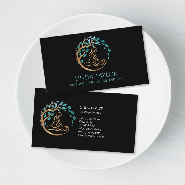 Holistischer Massagetherapeut Wellness Spa Visitenkarte (massage therapist logo with golden tree business card)