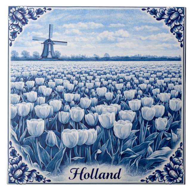 Holland tulips Delft Blue style ceramic tile Fliese (Vorderseite)