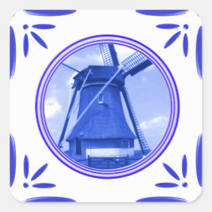 Holland Windmill Delft-Blue-Tile-Look bedruckt Quadratischer Aufkleber