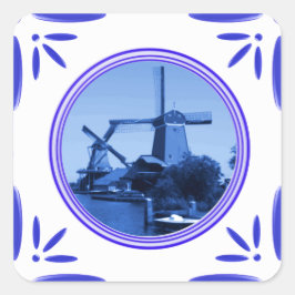 Holland Windmills Delft-Blue-Tile-Look gedruckt Quadratischer Aufkleber