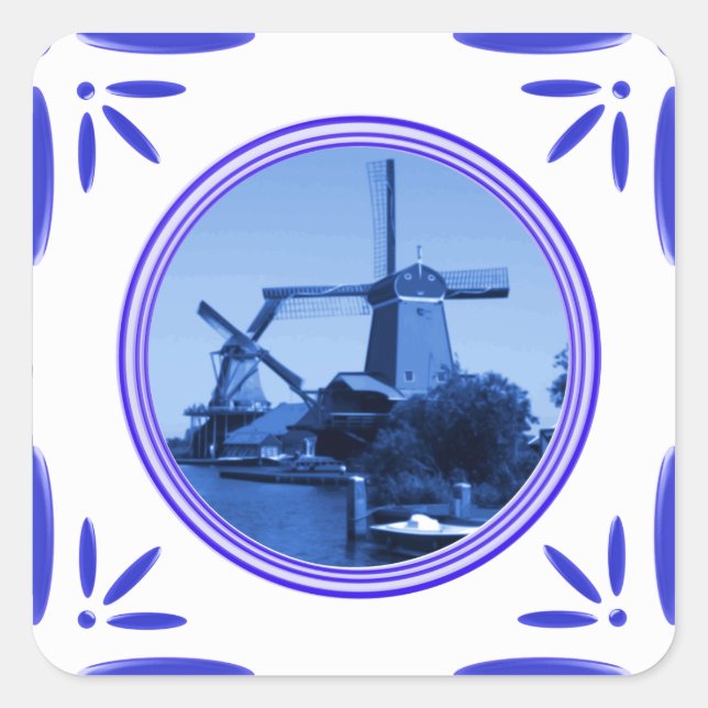Holland Windmills Delft-Blue-Tile-Look gedruckt Quadratischer Aufkleber (Vorderseite)