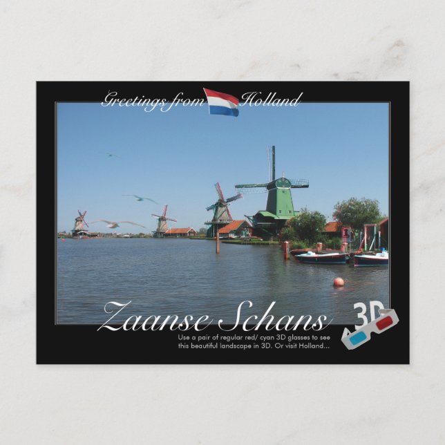 Holland Zaanse Schans Windmil 3D Anaglyph Postcard Postkarte (Vorderseite)