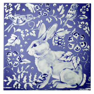 Holländisch Blue Rabbit Bird Floral Foliage Trive Fliese