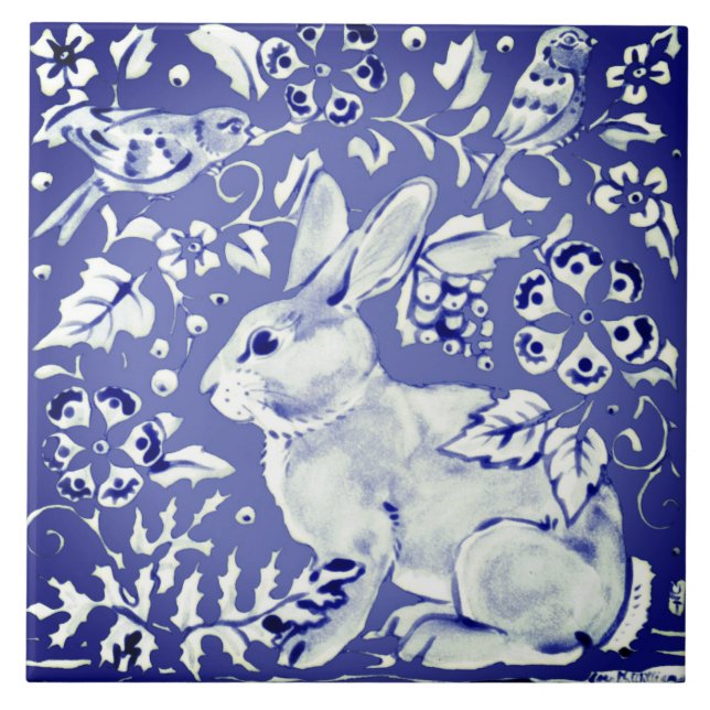 Holländisch Blue Rabbit Bird Floral Foliage Trivet Fliese (Vorderseite)