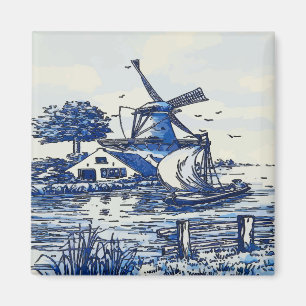 Holländische blaue Windmühle im Vintage-Stil Magnet