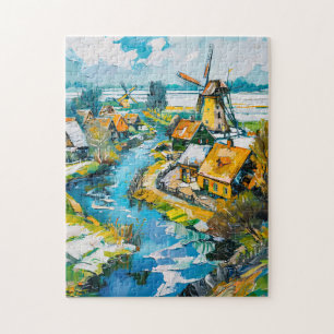 Holländische Landschaft mit Windmühlen und Wasserk Puzzle