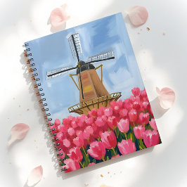 Holländische Windmühle | Tulpen-Blumenfeld-Wasserf Notizblock