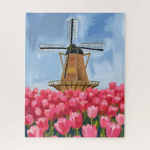 Holländische Windmühle   Tulpenblumenfeld Aquarell Puzzle