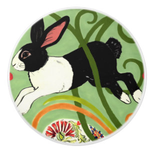 Holländischer Kaninchen Grüner Art-Deco-Schublad Keramikknauf