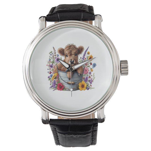 Höllenkuh in Blume Eimer, Niedlich Armbanduhr (Vorderseite)