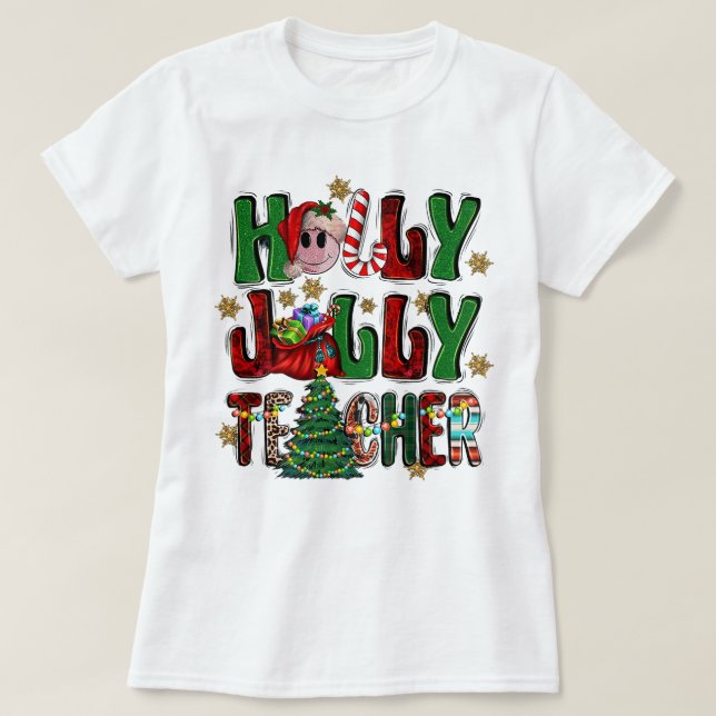Holly A Jolly Lehrer Weihnachtsbaum Lights Leopar T-Shirt (Design vorne)