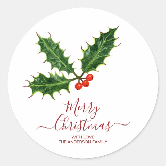 Holly and Berries Frohe Weihnachten und Familienna Runder Aufkleber (Vorderseite)
