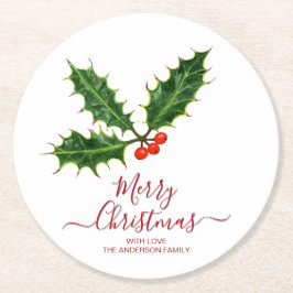 Holly and Berries Frohe Weihnachten und Familienna Runder Pappuntersetzer