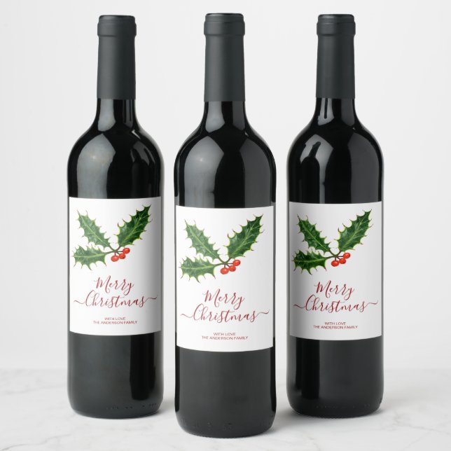 Holly and Berries Frohe Weihnachten und Familienna Weinetikett (Flaschen)