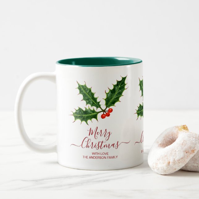 Holly and Berries Frohe Weihnachten und Familienna Zweifarbige Tasse (Mit Donut)