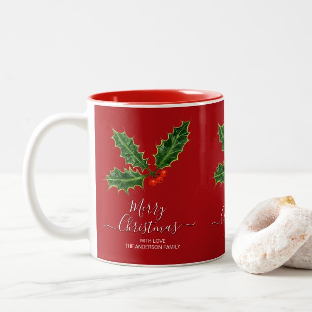 Holly and Berries Frohe Weihnachten und Familienna Zweifarbige Tasse (Mit Donut)