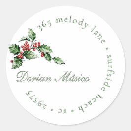 Holly and Berries Holiday Green Red Address Label Runder Aufkleber