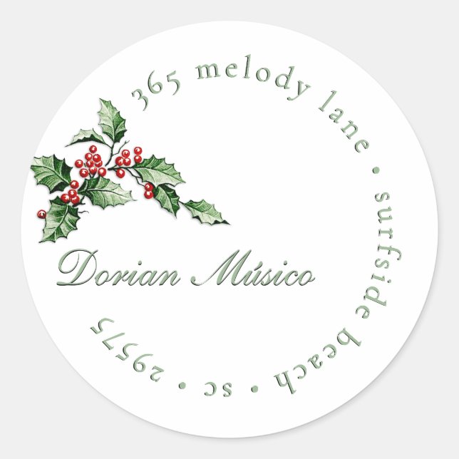 Holly and Berries Holiday Green Red Address Label Runder Aufkleber (Vorderseite)