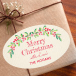 Holly and Berries on Ivory Christmas Holiday Ovaler Aufkleber<br><div class="desc">Personalized holiday Christmas OVAL stickers with a stylish,  modern watercolor of green holly and red berries on a pale ivory stripe background with your greeting and info in chic lettering. MATCHING items in our store.</div>