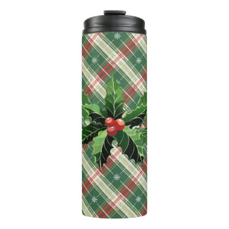 Holly and Berries on White N Green Christmas Karie Thermosbecher