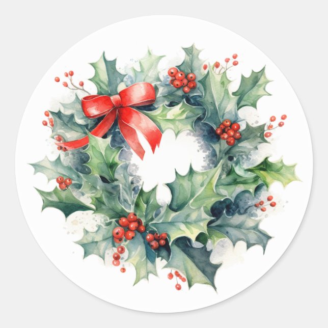 Holly and Berries Wreath ・ Christmas Gift Labels Runder Aufkleber (Vorderseite)