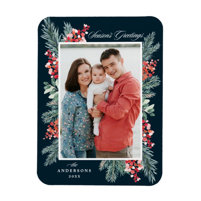 Holly and Evergreen Season's Greetings Foto Magnet (Vertikal)