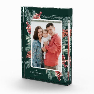 Holly and Evergreen Season's Greetings Holiday Fotoblock