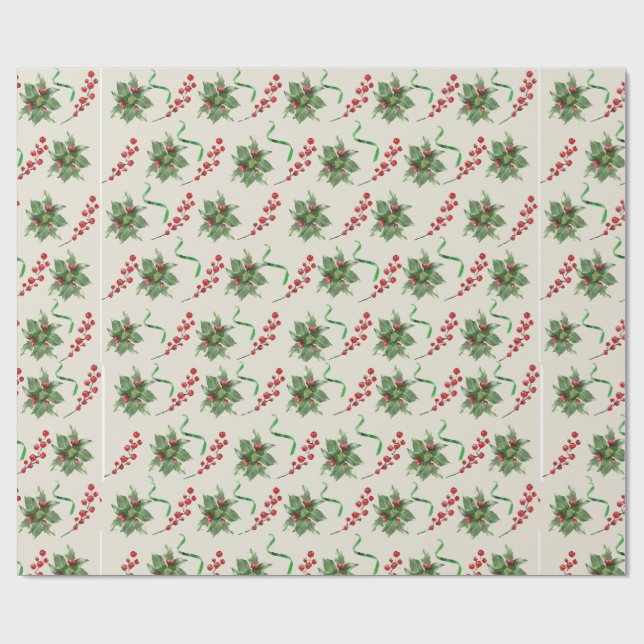 Holly and Green Ribbon Wrapping Paper Geschenkpapier (Flach)