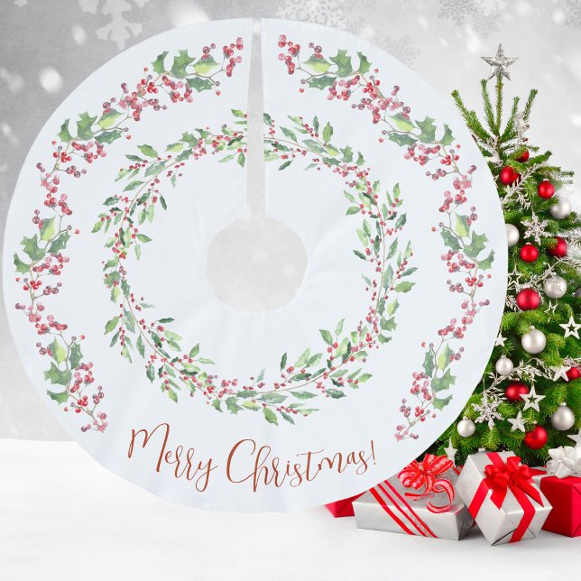 Holly and Ivy, Red, Green, White, Frohe Weihnachte Polyester Weihnachtsbaumdecke (Holly and Ivy, Red, Green, White, Merry Christmas, Brushed Polyester Tree Skirt)