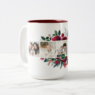 Holly and Pine 5 Foto Collage Monogram Christmas Zweifarbige Tasse