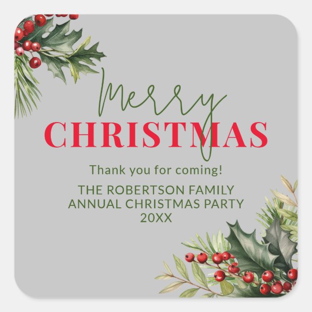 Holly and Pine on Graue Christmas Gastgeschenke Quadratischer Aufkleber (Vorderseite)