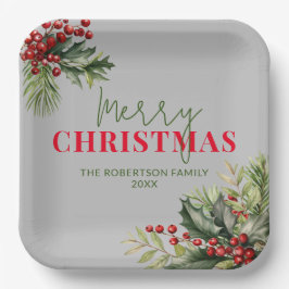 Holly and Pine on Gray Christmas Party Pappteller