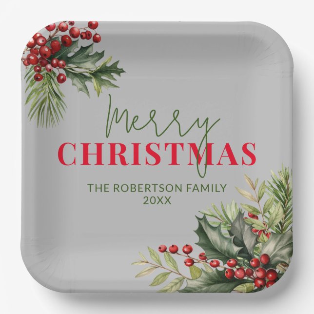Holly and Pine on Gray Christmas Party Pappteller (Vorderseite)