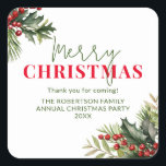 Holly and Pine on White Christmas Gastgeschenks Quadratischer Aufkleber<br><div class="desc">Holly und Pine on White Christmas Gastgeschenks Stickers für Ihre Feier Urlaub Gefallen. Schönes Spray aus heiligen,  roten Beeren und Kiefern auf den Gastgeschenken für eine festliche Feier.</div>