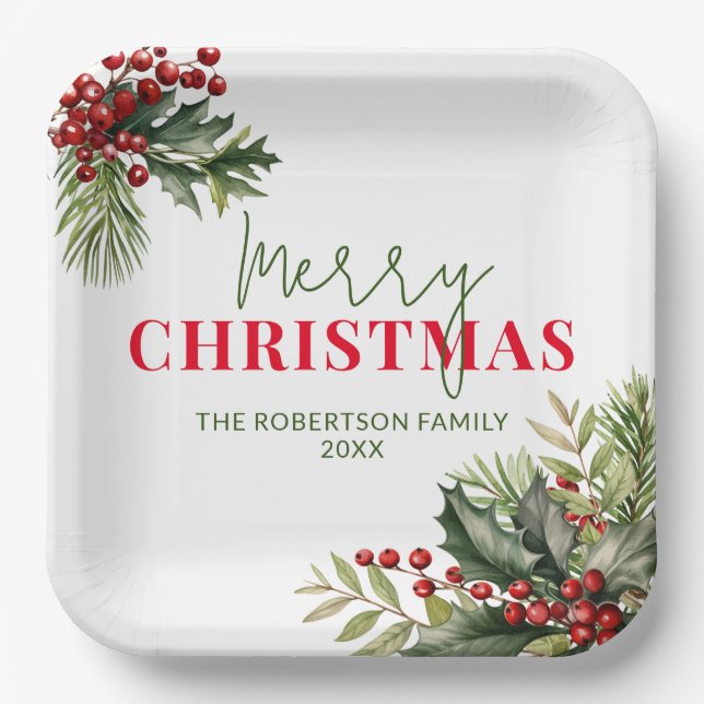 Holly and Pine on White Christmas Party Pappteller (Vorderseite)