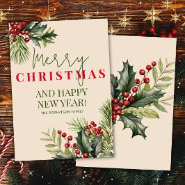 Holly and Pine Red Berries Beige Weihnachtskarte Einladung