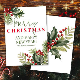 Holly and Pine Red Berries White Christmas Card Einladung