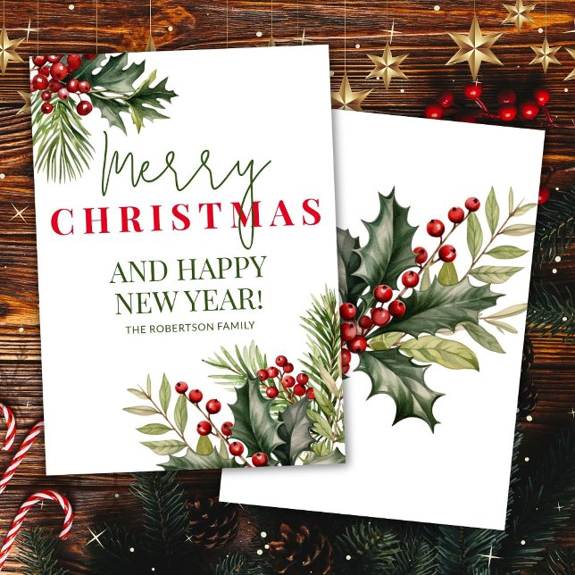 Holly and Pine Red Berries White Christmas Card Einladung (Von Creator hochgeladen)