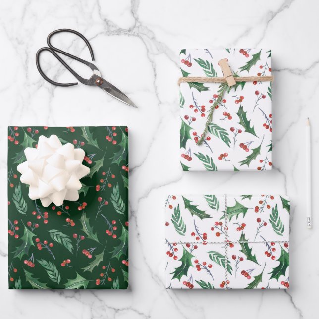 Holly and Red Berry Holiday Pattern Geschenkpapier Set (Vorderseite)