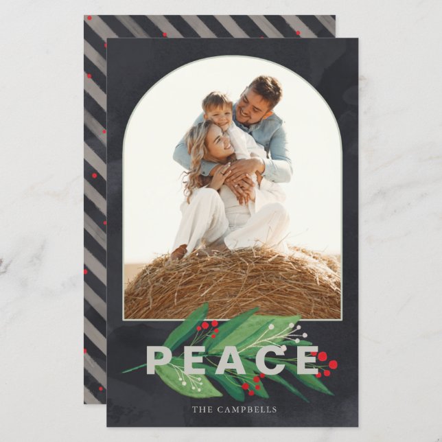 Holly Arch Peace Navy Foto Holiday Card (Vorne/Hinten)