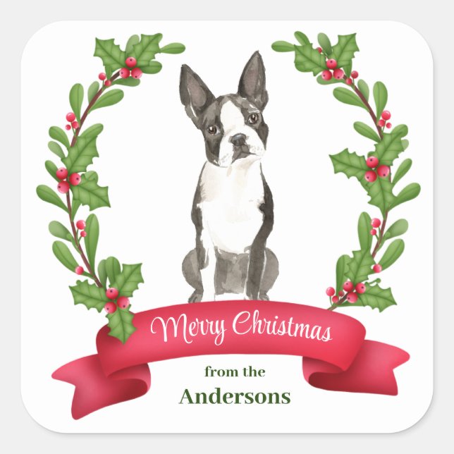 Holly Banner Boston Terrier Dog Christmas Quadratischer Aufkleber (Vorderseite)