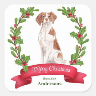 Holly Banner Brittany Dog Weihnachten Quadratischer Aufkleber