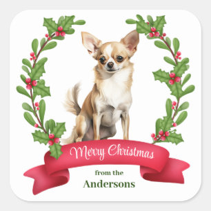 Holly Banner Brown White Chihuahua Dog Weihnachten Quadratischer Aufkleber